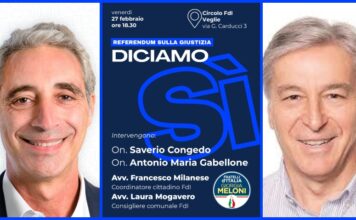 FRATELLI D’ITALIA VEGLIE – REFERENDUM SULLA GIUSTIZIA: Venerdì 27 Febbraio incontro con gli Onorevoli SAVERIO CONGEDO e ANTONIO GABELLONE